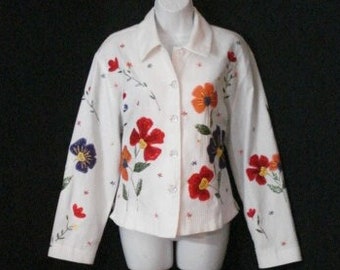 White Cotton Jacket Wearable Art Vintage 80s Anage Chic Flower Embroidered Beaded  ML