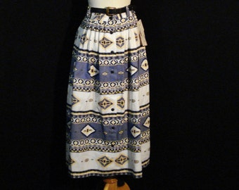 Skirt Geometric Button Up Cotton Mid Calf Skirt Blue White Southwestern Style ML