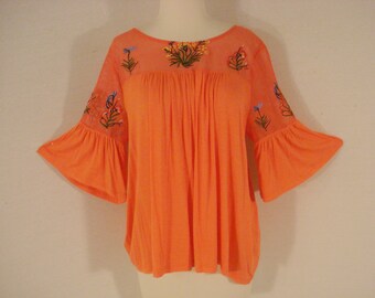 Liz Clairborne Career Coral Orange Embroidered Smock Top Summer Clothing ML