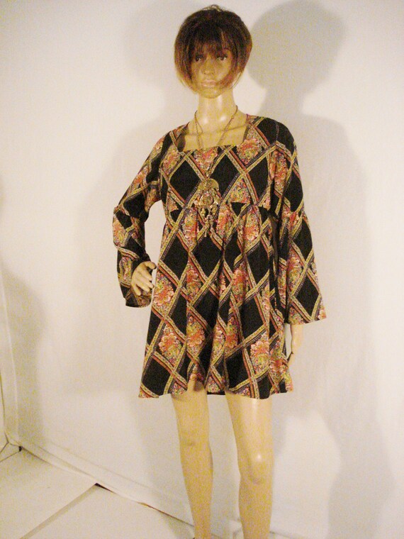 Mini Dress Boho Hippie Smock Dress Argyle Pattern… - image 6