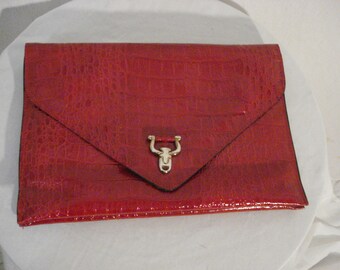 Red Alligator Clutch Bag Purse Faux Vintage Glam Designer Accessory