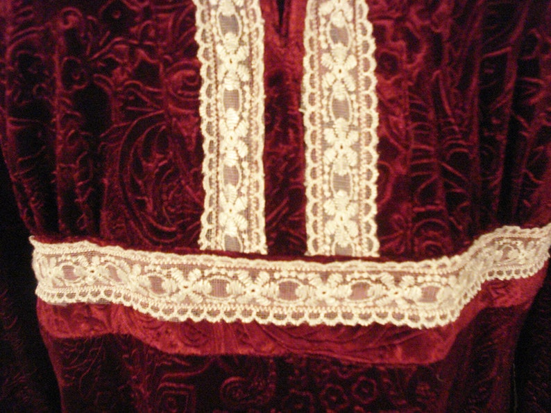 Burgundy Vintage 70s Boho Hippie VelvetEmpire Waist Dress ML