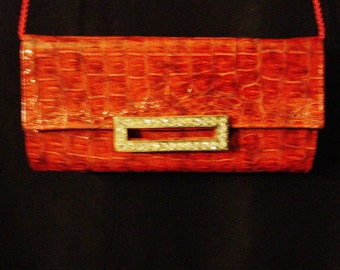 Red Clutch Purse Shoulder Bag Faux Alligator Rhinestones Sophisticated Glam