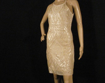 Cocktail Party Dress Beaded Tan & Ivory Deluxe dress Open Back Glam Chic M