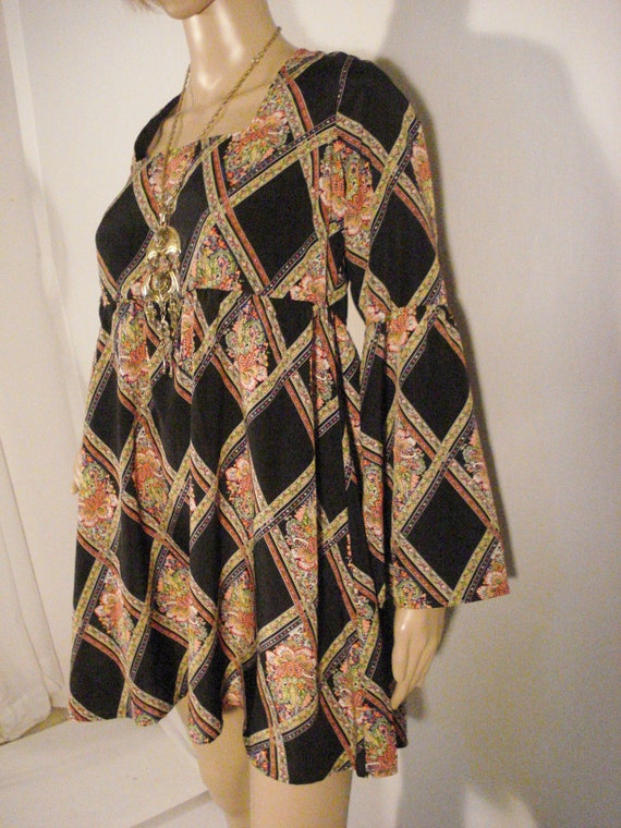 Mini Dress Boho Hippie Smock Dress Argyle Pattern… - image 5