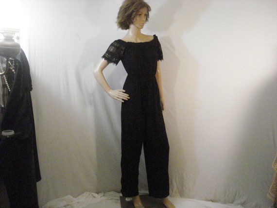 Black Jumpsuit Romper Cotton Gauze Glam Chic Vint… - image 1