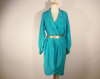 Aqua Blue Silk 80s Wrap Dress Dolman Sleeves From Casual Corners SM