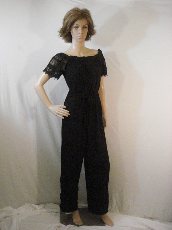 Black Jumpsuit Romper Cotton Gauze Glam Chic Vint… - image 9