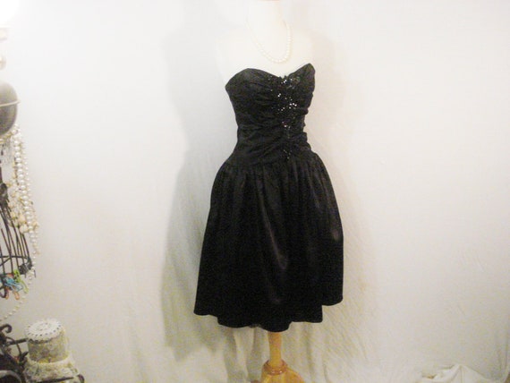 Black Satin Strapless Formal Dress Sequin Evening… - image 1