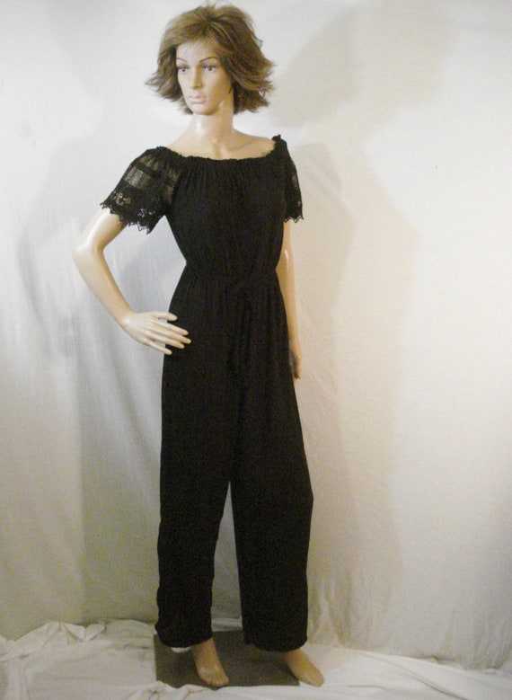Black Jumpsuit Romper Cotton Gauze Glam Chic Vint… - image 6
