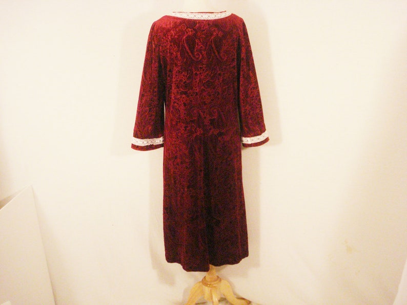 Burgundy Vintage 70s Boho Hippie VelvetEmpire Waist Dress ML