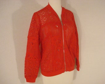 Red Crochet Lace Zipper Jacket Elegant Chic Chico's SM