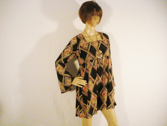 Mini Dress Boho Hippie Smock Dress Argyle Pattern… - image 1