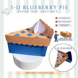 May include: A 3-D paper blueberry pie box, perfect for parties. The box is brown with a blue bottom and a white whipped cream topping. The box is open and the inside is visible. The text "3-D Blueberry Pie Paper Mini Cake Box" is at the top of the image. The text "Perfect for Parties!" is at the bottom of the image.