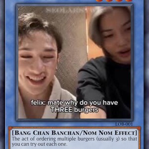 Tarjeta coleccionable parodia de YuGiOh inspirada en SKZ: Humor espiritual para fans del K-Pop - Burger Bang