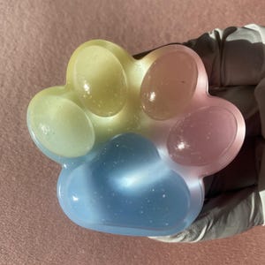 Peut inclure: Un savon en forme de patte avec un dégradé de couleurs, dont le jaune, le rose et le bleu. Le savon a une finition lisse et brillante et est probablement fait à la main. Le design rappelle l'empreinte de patte d'un animal de compagnie.