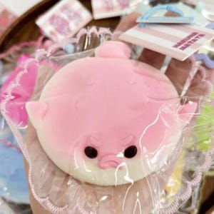 May include: A pink, round, cartoon-like object with black eyes and a small beak, packaged in clear plastic. The object has small fins and a rounded top. The packaging includes a tag with the text "Hakuna Matata".