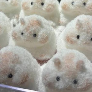 May include: A group of soft, white plush toys, each with tiny black eyes and a touch of pink blush on their cheeks. These rounded toys have a fluffy texture, appearing like miniature creatures.
