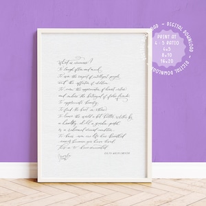 May include: A framed print with a white border, featuring elegant cursive text on a white background. The text is a quote about success. The print is displayed against a purple wall.