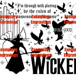 Puede incluir: Ilustraci&oacute;n en blanco y negro de una bruja sosteniendo una escoba con el texto "Estoy harta de jugar seg&uacute;n las reglas de otra persona" y "Wicked" en la parte inferior. La imagen tambi&eacute;n incluye estrellas, monos voladores y una silueta de la cabeza de una mujer.