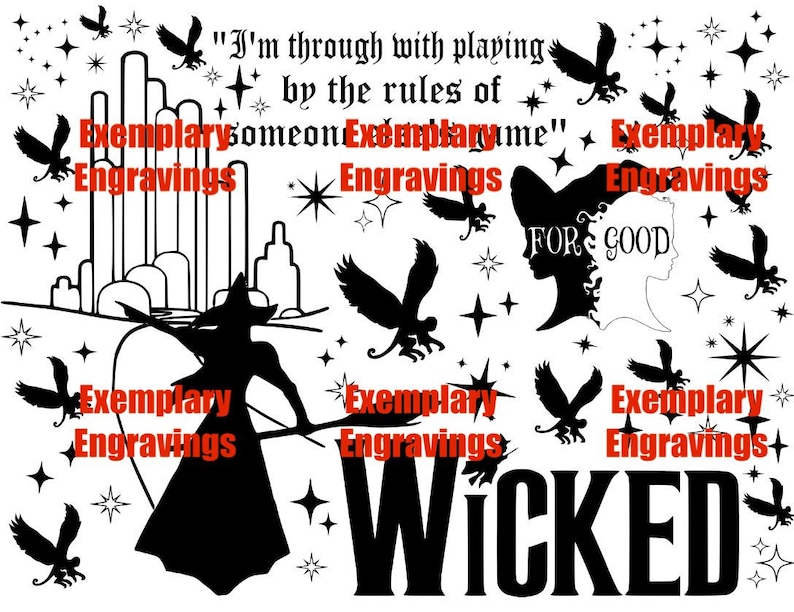 Puede incluir: Ilustraci&oacute;n en blanco y negro de una bruja sosteniendo una escoba con el texto "Estoy harta de jugar seg&uacute;n las reglas de otra persona" y "Wicked" en la parte inferior. La imagen tambi&eacute;n incluye estrellas, monos voladores y una silueta de la cabeza de una mujer.