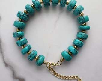 Turquoise Style Beaded Bracelet with Gold Details | Boho Gemstone Jewelry