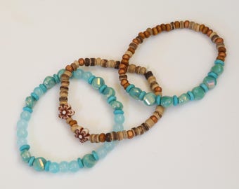 Teal Bracelet Stack Set | Handmade Boho Stretch Bracelets | Coastal Beaded Jewelry Set