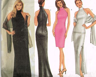 Kathy Ireland Evening Gown Pattern Butterick 6871 Bust 34 to 38 Fitted Dress or Top and Skirt High Neck Vintage Uncut 2000 Sewing Pattern