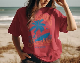 Chasing Sunshine T-Shirt, Beach Vibes Tee, Palm Tree Surfboard Apparel, Summer Holiday Gift, Ocean Lover Shirt