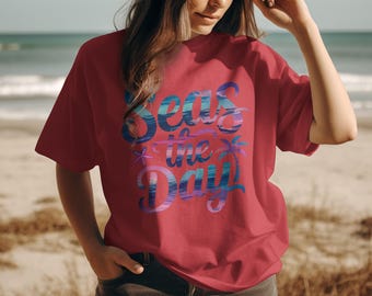 Seas The Day T-Shirt, Beach Vacation Tee, Summer Vibes Shirt, Coastal Graphic Tee, Starfish Palm Tree Design TShirt, Positive Quote
