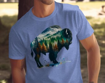 Camiseta de bisonte: Escena de montaña forestal - Camiseta unisex para amantes de la naturaleza