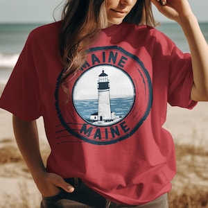 Maine Lighthouse T-Shirt, Stamp Style Tee, New England Vacation Souvenir, Coastal Apparel, Nautical Gift Idea, Seal Design Shirt