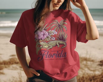 Camiseta con estampado de caimán de Florida: flores tropicales, recuerdo del estado del sol