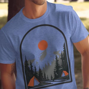 Camping Adventure Unisex T-shirt, Mountain Landscape Tee, Outdoor Trip Shirt, Nature Lover Apparel, Sunrise T-Shirt, Tent Graphic Top