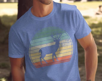 Camiseta vintage con ciervos al atardecer: camiseta gráfica retro, ropa de naturaleza