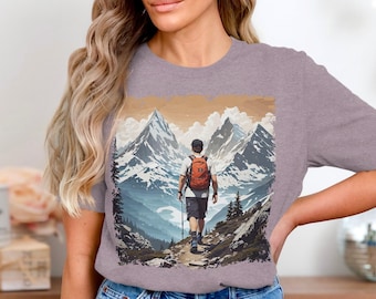 Unisex T-shirt bergwandelaar, outdooravontuur, schilderachtige piek, wandelkleding, T-shirt natuurliefhebber
