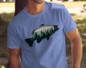 Bass Fish T-Shirt: Forest Silhouette Graphic Tee - Nature Lover Gift