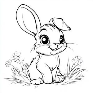 May include: A black and white line drawing of a cute cartoon bunny rabbit sitting in a field of grass with flowers. The bunny has large eyes and a big smile.