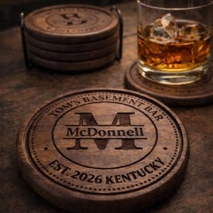 Personalized Walnut Coaster set,Personalized Custom Wood Coaster,Custom Engraved Whiskey Coaster Set, Gift for Dad,Husband, Bourbon Lover