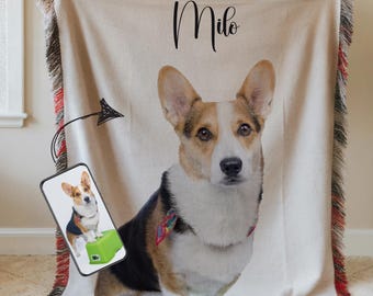 May include: A personalized woven blanket with a corgi dog illustration and the name "Milo" printed on it. The blanket has a fringe border.