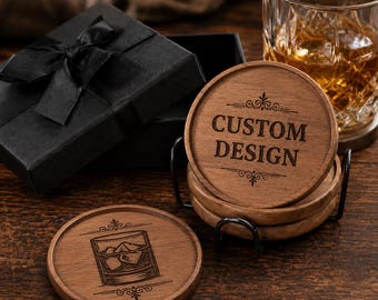 Personalized Whiskey Coaster Gift Box, Custom Walnut Coasters with Holder, Bourbon Gift for Him, Groomsmen Gift