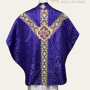 Purple/Violet Semi-Gothic Chasuble with Machine-embroidered Orphrey and IHS applique Latin Low Mass Set Catholic Church Vestment Fully Lined