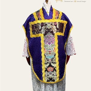 PURPLE Italian Floral Brocade Neri Roman Chasuble Pianeta Latin Low Mass Set Catholic Church Vestment - Stole, Maniple, Burse, Chalice Veil