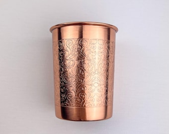 Pure Copper Engraved Cup | Handcrafted Ayurvedic Drinking Cup | Etched Copper Tumbler for Water | Wellness Gift | Traditional Copper Glass
