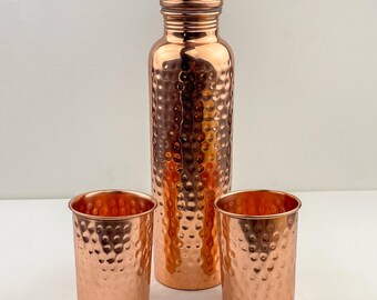 Pure Copper Water Bottle & Tumblers Gift Set | Handcrafted Hammered Copper Bottle with 2 Cups | Ayurvedic Health Benefits | Luxury Gift Box