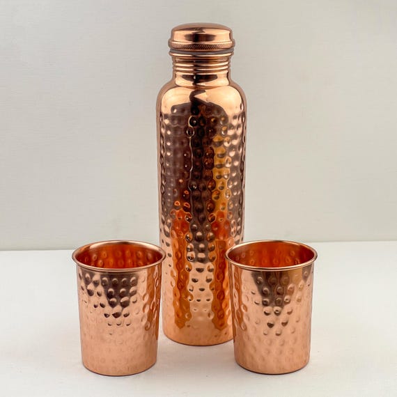 Pure Copper Water Bottle & Tumblers Gift Set | Handcrafted Hammered Copper Bottle with 2 Cups | Ayurvedic Health Benefits | Luxury Gift Box