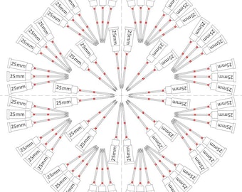 May include: A diagram of a circular arrangement of 48 silver needles, each labeled "25mm" and arranged in a radial pattern.