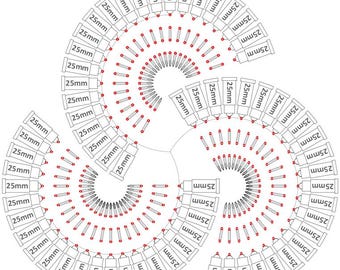 May include: A graphic illustration featuring three spiraling arrangements of small, cylindrical objects. Each spiral is composed of numerous objects, each labeled with "25mm". The objects are arranged around a central point.