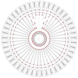 May include: A diagram of a circular object with 36 spokes radiating from the center. Each spoke is labeled "50mm". The spokes are connected to a circle with red dots.