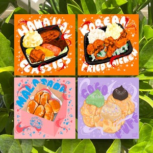 Hawaiianisches Essen Kunst Druck, Lokale Küche Illustration, 13x15, Insel Hausmannskost, Spamm, koreanisches Brathähnchen, Malasada, Coco Puff, Mac Salat